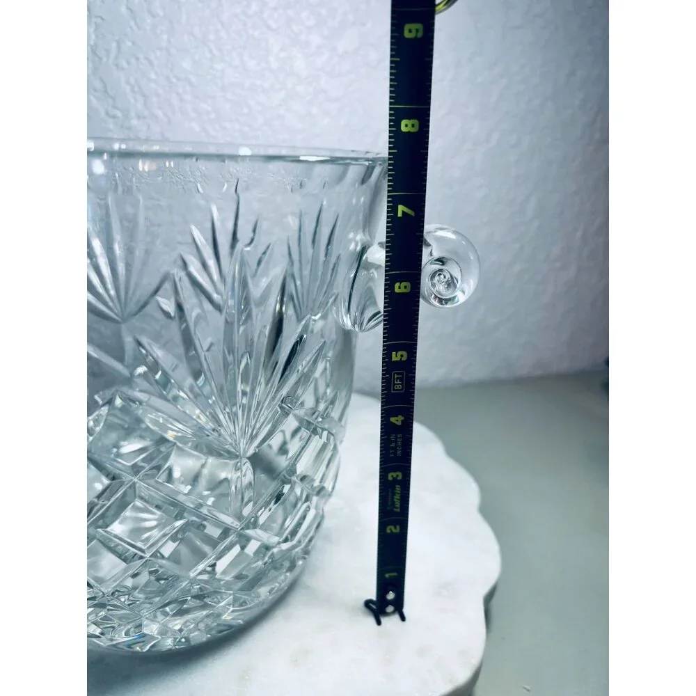 Crystal Champaign Ice Bucket Diamond Cut Swirled‎ Scroll Handles 8X8